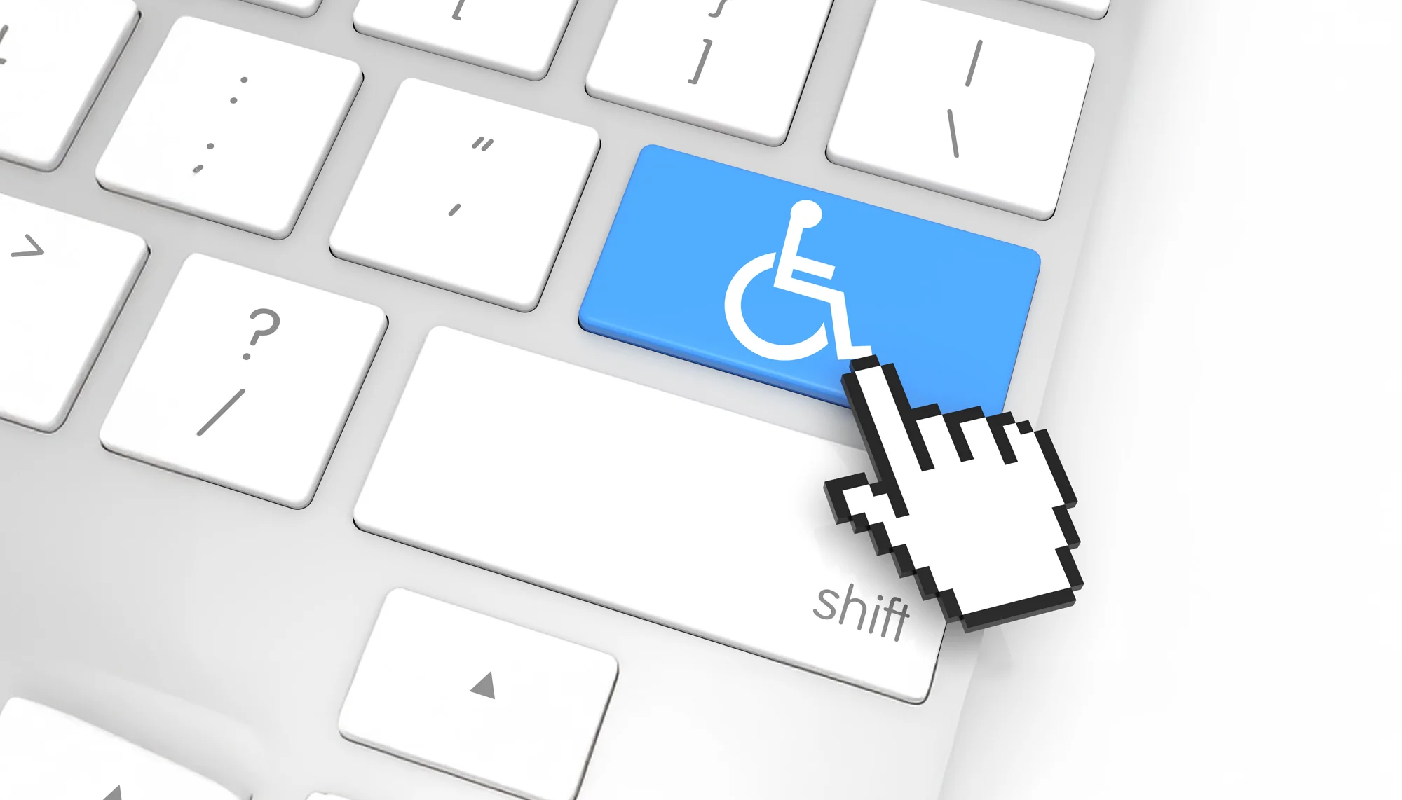 Illustration einer Computer-Tastatur mit Hand-Mauszeigersymbol über einer blauen Taste mit Rollstuhl-Symbol