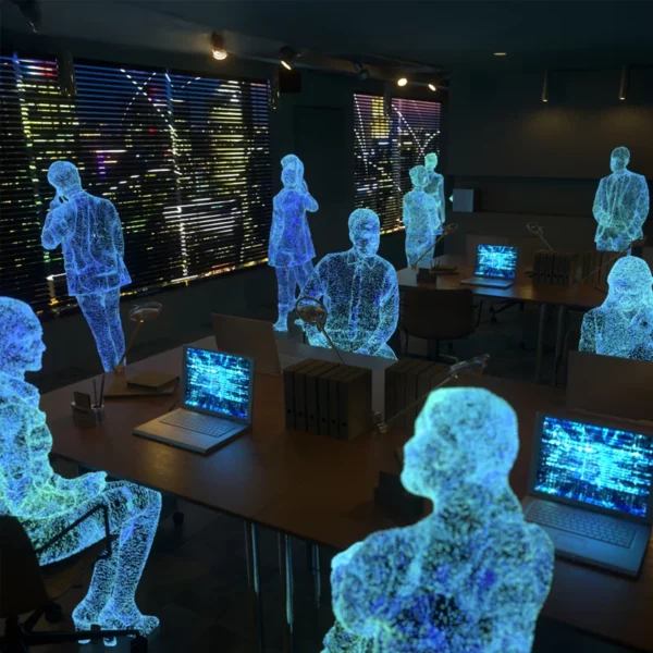Virtuelle Mitarbeiter:innen in einem futuristischen Büro