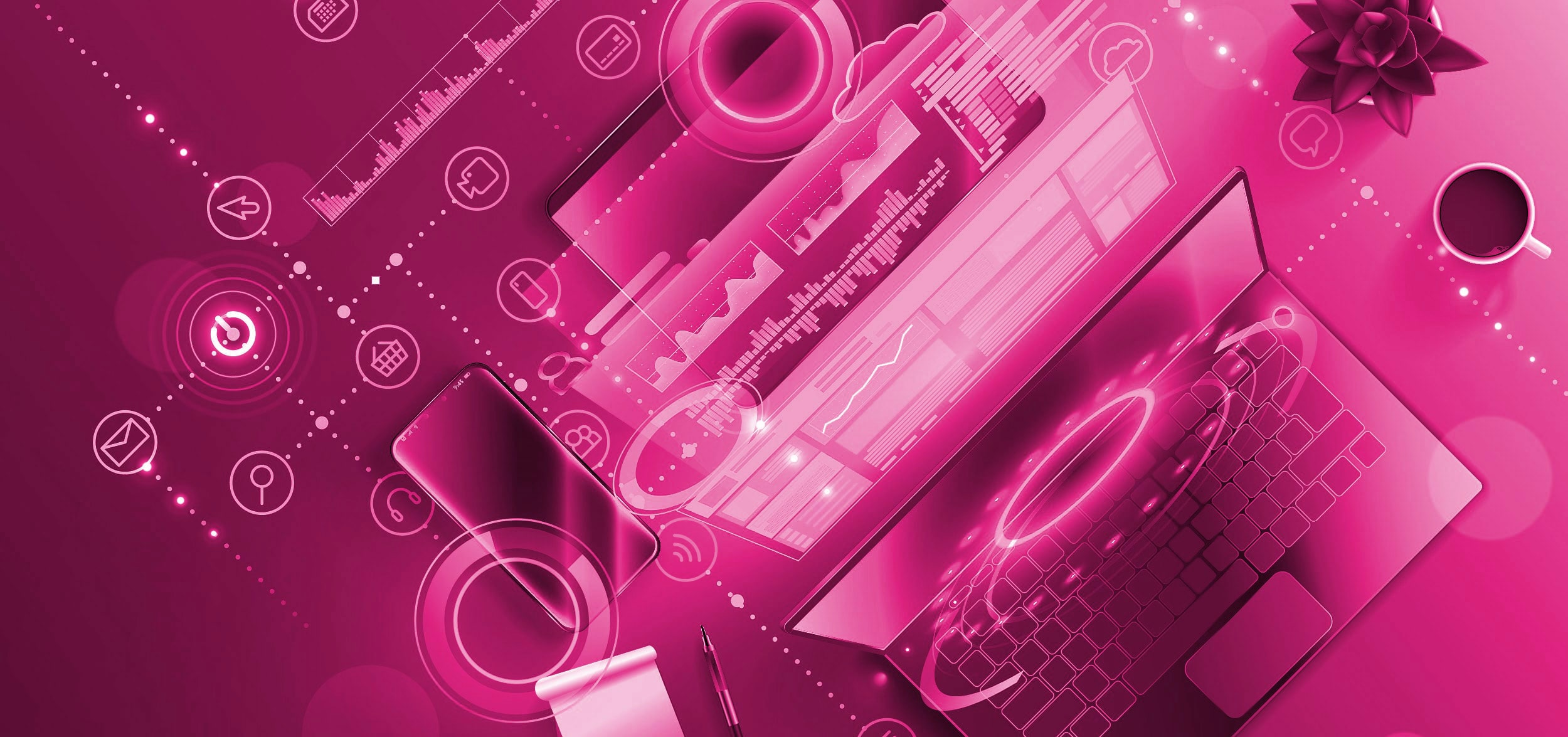 Graphic workplace with laptop, smartphone and charts